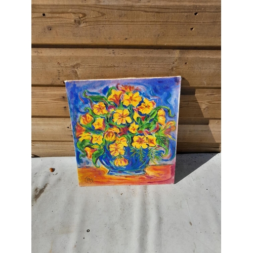 687 - Acrylic on board By T M Mitchell, Flowers in a vase with painting on reverse 34 cms x 30 cms