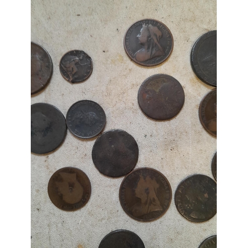 7 - Varied array of copper coins all from circ. :  Cartwheel Penny, 1799 Farthing GF with tarnish