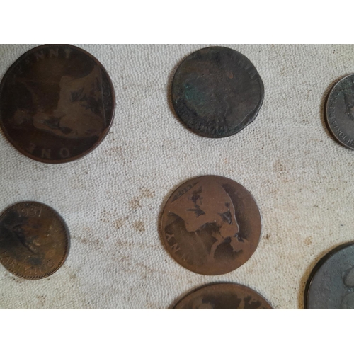 7 - Varied array of copper coins all from circ. :  Cartwheel Penny, 1799 Farthing GF with tarnish