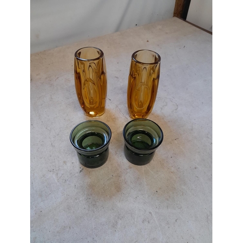 75 - Coloured glass : pair of green Dansk squat vases and Pair of Sklo Czech amber lens vases