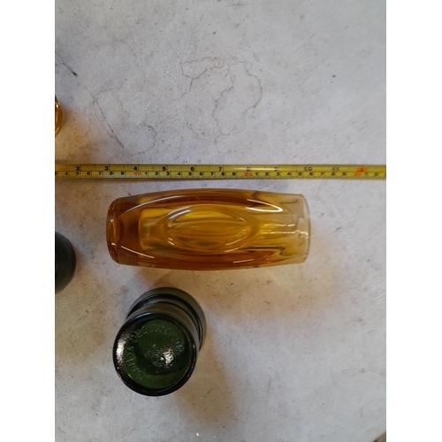 75 - Coloured glass : pair of green Dansk squat vases and Pair of Sklo Czech amber lens vases