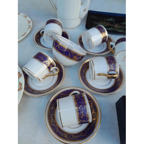 90 - Decorative china : Blue white and gilt coffee set, Spode plate etc.