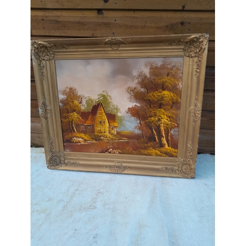 97 - Victorian gilt wood picture frame with 20th century signed oil on canvas and railway print