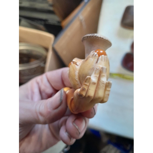 191 - Early 20th century carved meerschaum pipe modelled as a hand with buds of amber