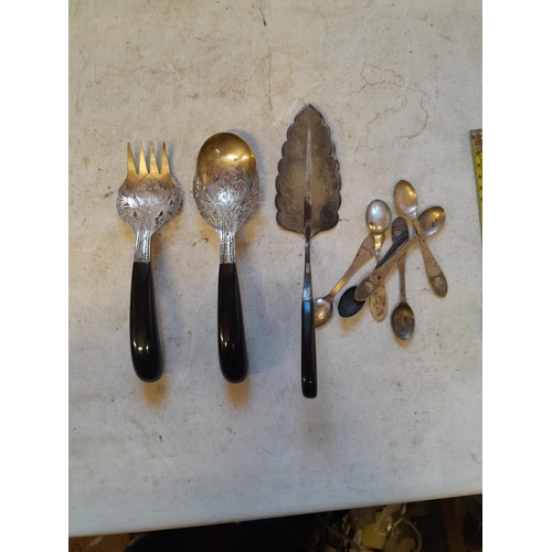 264 - Thai silver and horn servers, scrap silver , lower grade foreign silver spoons etc.