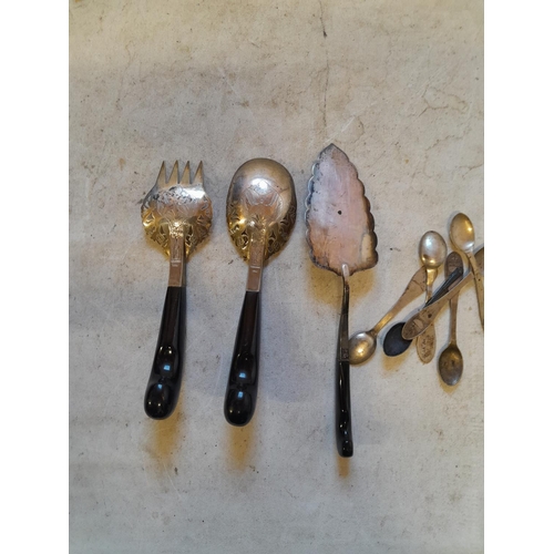 264 - Thai silver and horn servers, scrap silver , lower grade foreign silver spoons etc.