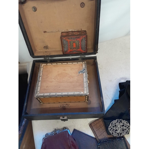 274 - Box of oddments : advertising tins, boxes, plated nurses belt buckle, damaged compact etc.