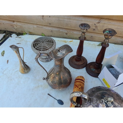 276 - Box of silver plate : hotel ware tureen and cover, candle sticks, tea set etc.