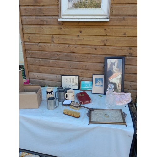 277 - Box of oddments : dressing table set, prints ballet themed, pewter and pottery tankards, plaster che... 