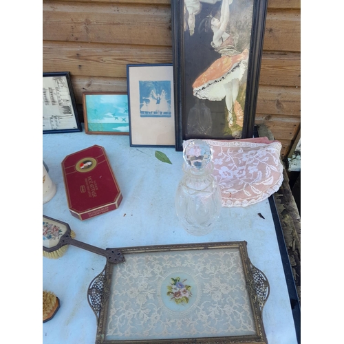 277 - Box of oddments : dressing table set, prints ballet themed, pewter and pottery tankards, plaster che... 