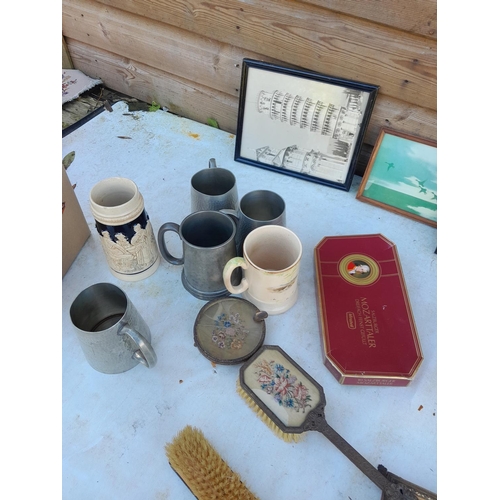 277 - Box of oddments : dressing table set, prints ballet themed, pewter and pottery tankards, plaster che... 