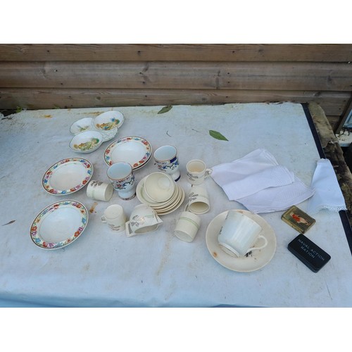 277 - Box of oddments : dressing table set, prints ballet themed, pewter and pottery tankards, plaster che... 