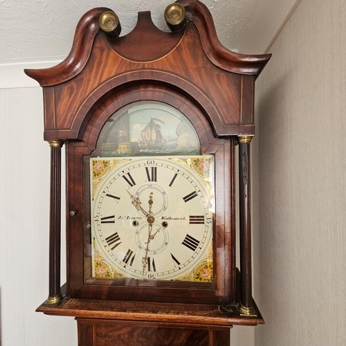 302 - Stunning 19th century grand father clock, with 8 day automaton movement, painted face oak and mahoga... 