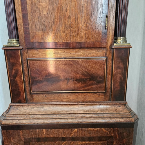 302 - Stunning 19th century grand father clock, with 8 day automaton movement, painted face oak and mahoga... 