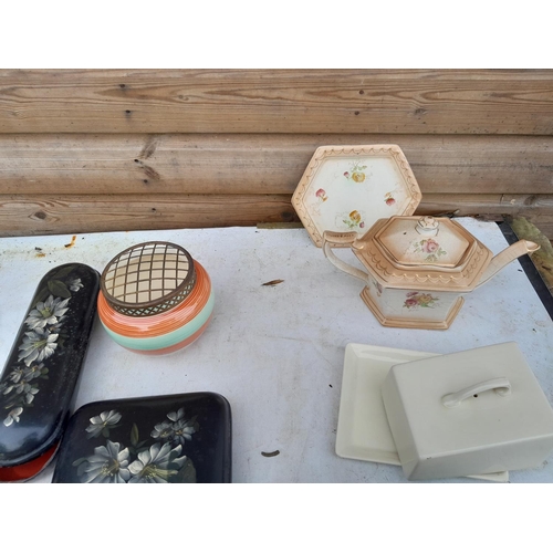 362 - Assorted decorative china : Edwardian tea pot, butter dishes etc.