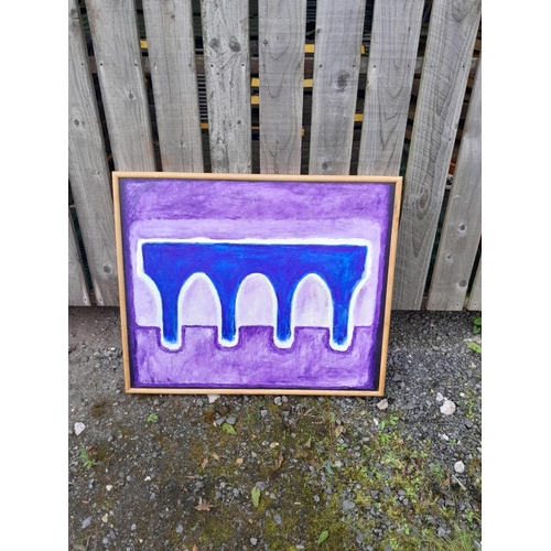 659 - Framed acrylic on board by T M Mitchell, Viaduct Form in Blue on Violet 80  cms x 100 cms