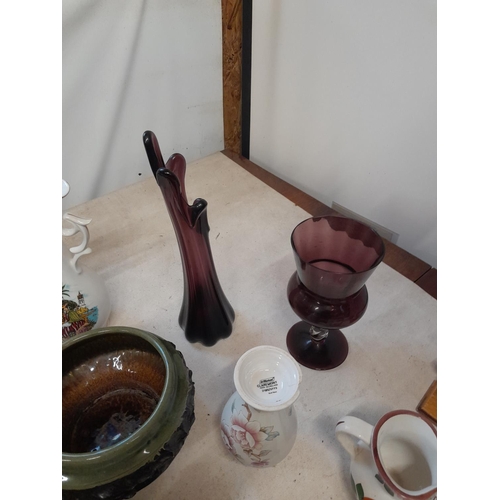 5 - Box of decorative china and glassware : amethyst glass, Torquay squat vase etc.