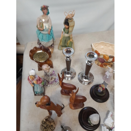 6 - Box of decorative china and glass ware : candle sticks, paperweight etc.