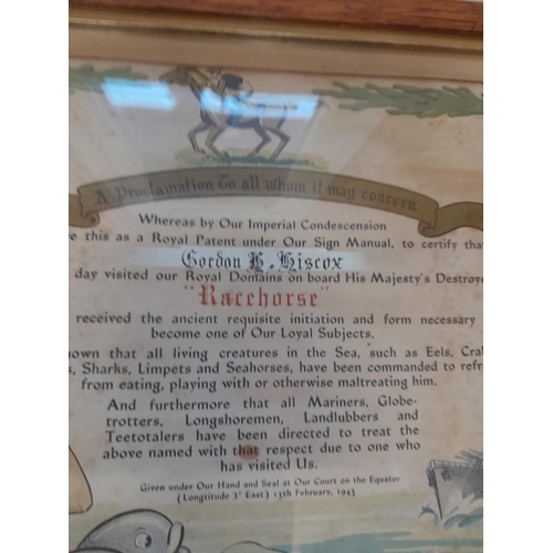 28 - Naval interest Certificate for Destroyer Race Horse awarded to Gordon Hiscox with associated paperwo... 