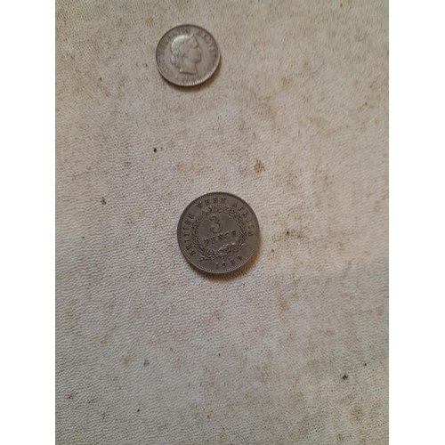 32 - Coins : tin of coins of the world  1939 British West Africa Three Pence