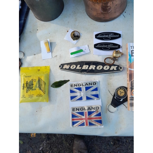 66 - Box of oddments : copper kettle, badges , automobilia etc