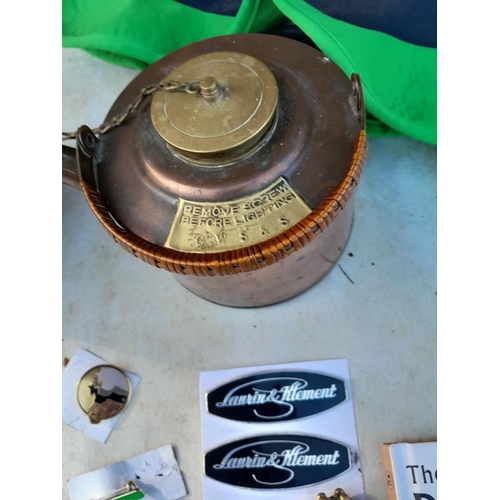 66 - Box of oddments : copper kettle, badges , automobilia etc