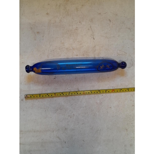 58 - Early 20th century Bristol cobalt blue glass rolling pin in good order gilding rubbed