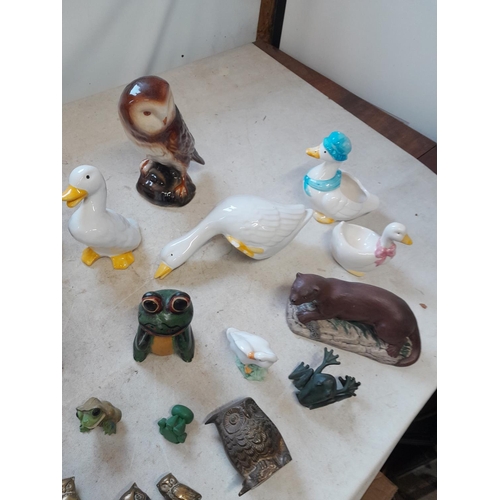 11 - Collection of pottery owls, frogs and ornaments