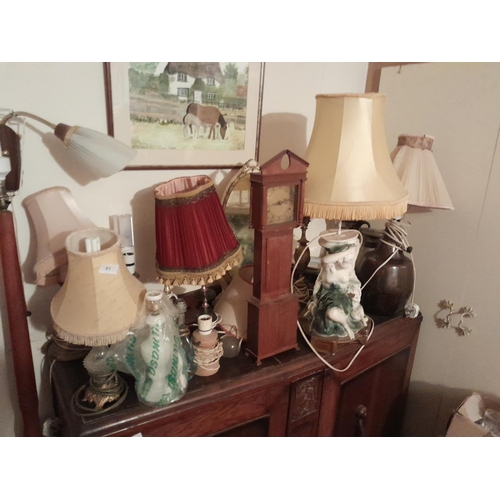 60 - Various table lamps, quartz operated table top model long case clock etc.