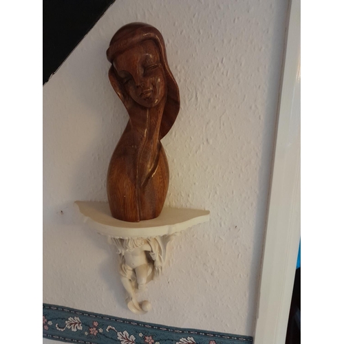 4 - Resin fairy ornament, wall sconce and carved African hardwood bust