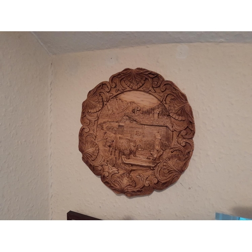 23 - 3 x carved wooden plates and  other ornaments