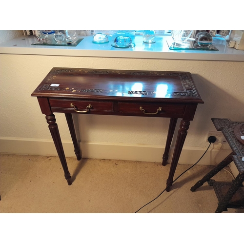 33 - 20th century Indian brass inlaid mahogany single drawer side table 77 cms x 30 cms x 75  cms