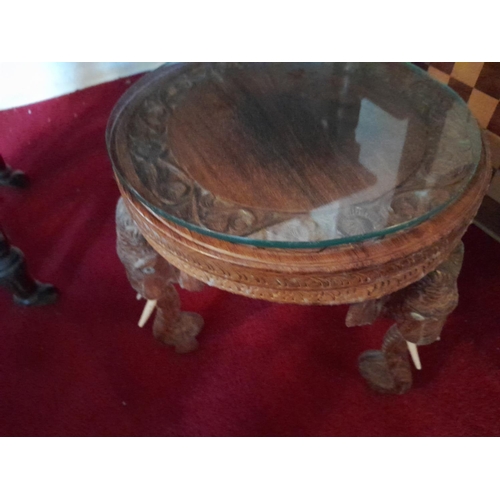 53 - Vintage carved African stool, oak occasional table & South East Asian hardwood tea table with elepha... 