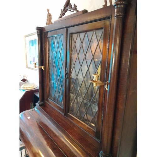 69 - Unusual 19th century Continental rosewood secretaire bookcase, with astragal glaze top with carved f... 