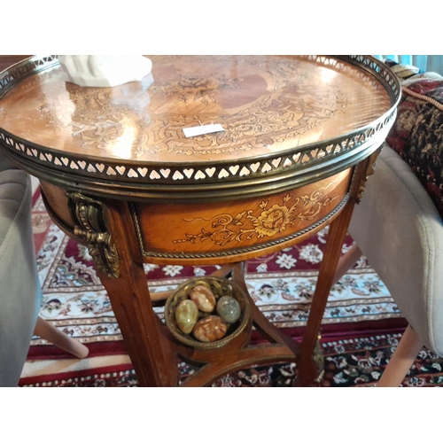 71 - 20th century inlaid French single drawer circular table with brass gallery and basket  49 cms x 80 c... 