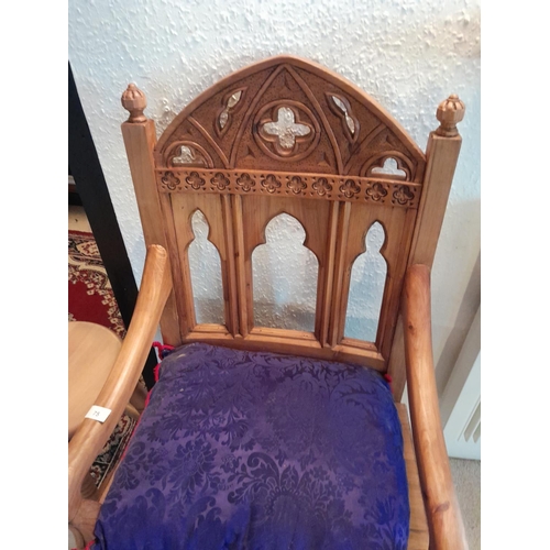 75 - 20th century Gothic revival carved pine chair and stool