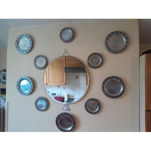 93 - Frameless wall mirror and pewter presentation award plates