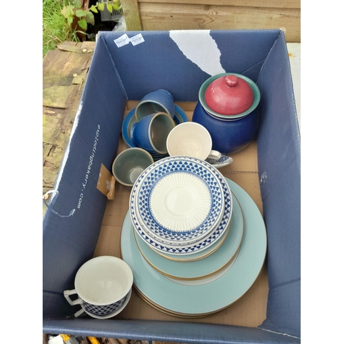 26 - Box of decorative china including Denby tea ware etc.