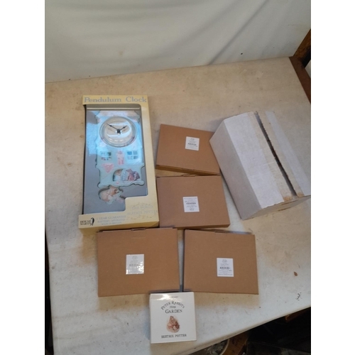 113 - World of Beatrix Potter and Peter Rabbit collectables : clock & postcards and sewing box all boxed