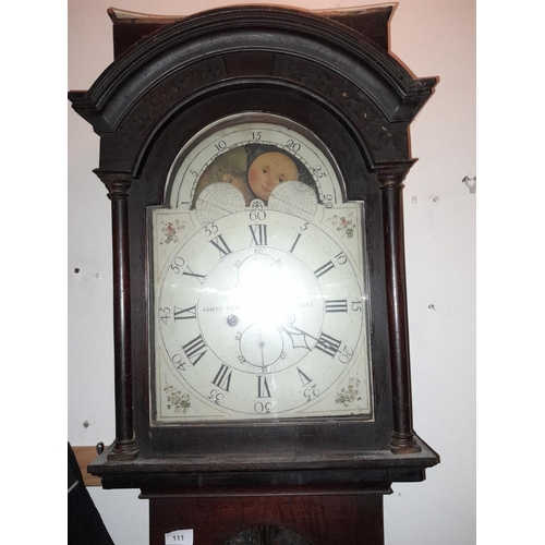 112 - Early 19th century 8 day oak case grandfather clock with sun and moon phase by James Kenway of Bridp... 