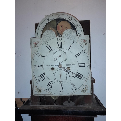 112 - Early 19th century 8 day oak case grandfather clock with sun and moon phase by James Kenway of Bridp... 