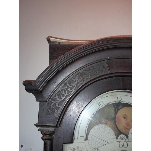 112 - Early 19th century 8 day oak case grandfather clock with sun and moon phase by James Kenway of Bridp... 