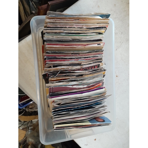 111 - Box of assorted vinyl record singles : commercial pop from 1960s onwards and other themes