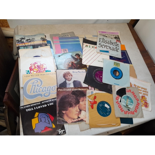 111 - Box of assorted vinyl record singles : commercial pop from 1960s onwards and other themes