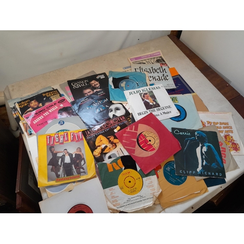 111 - Box of assorted vinyl record singles : commercial pop from 1960s onwards and other themes