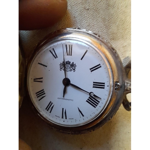 148 - 3 x pocket watch and modern gents wristwatch : 1 x Swiss enamel face, 1 x unusual French brass face ... 