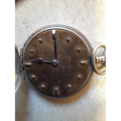 148 - 3 x pocket watch and modern gents wristwatch : 1 x Swiss enamel face, 1 x unusual French brass face ... 