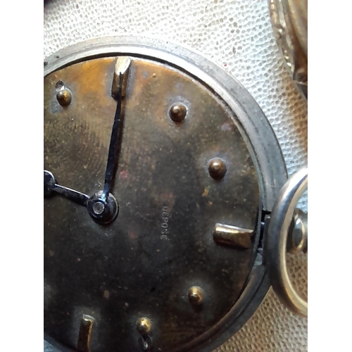 148 - 3 x pocket watch and modern gents wristwatch : 1 x Swiss enamel face, 1 x unusual French brass face ... 