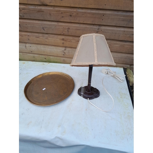 166 - Vintage Indian brass tray and damaged bakelite lamp and shade