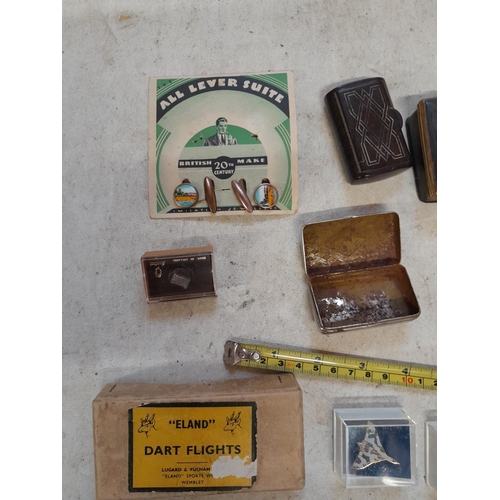 247 - Vintage advertising tins, bakelite snuff box , empty cardboard box , cufflinks etc.